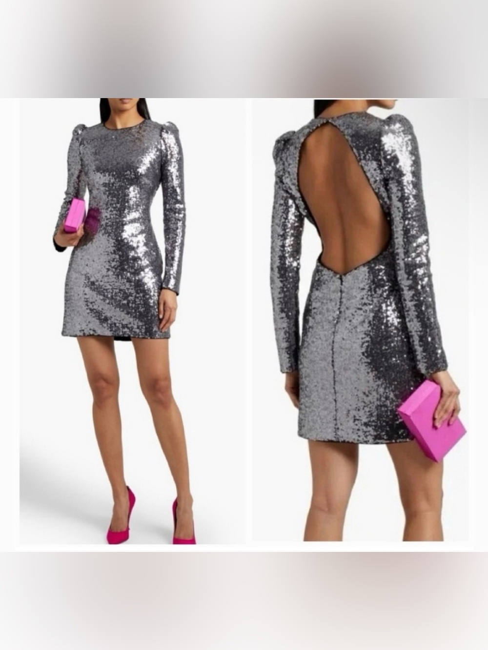 NWT: Rachel Zoe “Karlee” Open Back Sequined Long Sleeve Mini Dress, sz. 6 ($345)